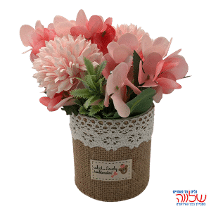 עציץ יוטה עם פרחים -ורוד בייבי